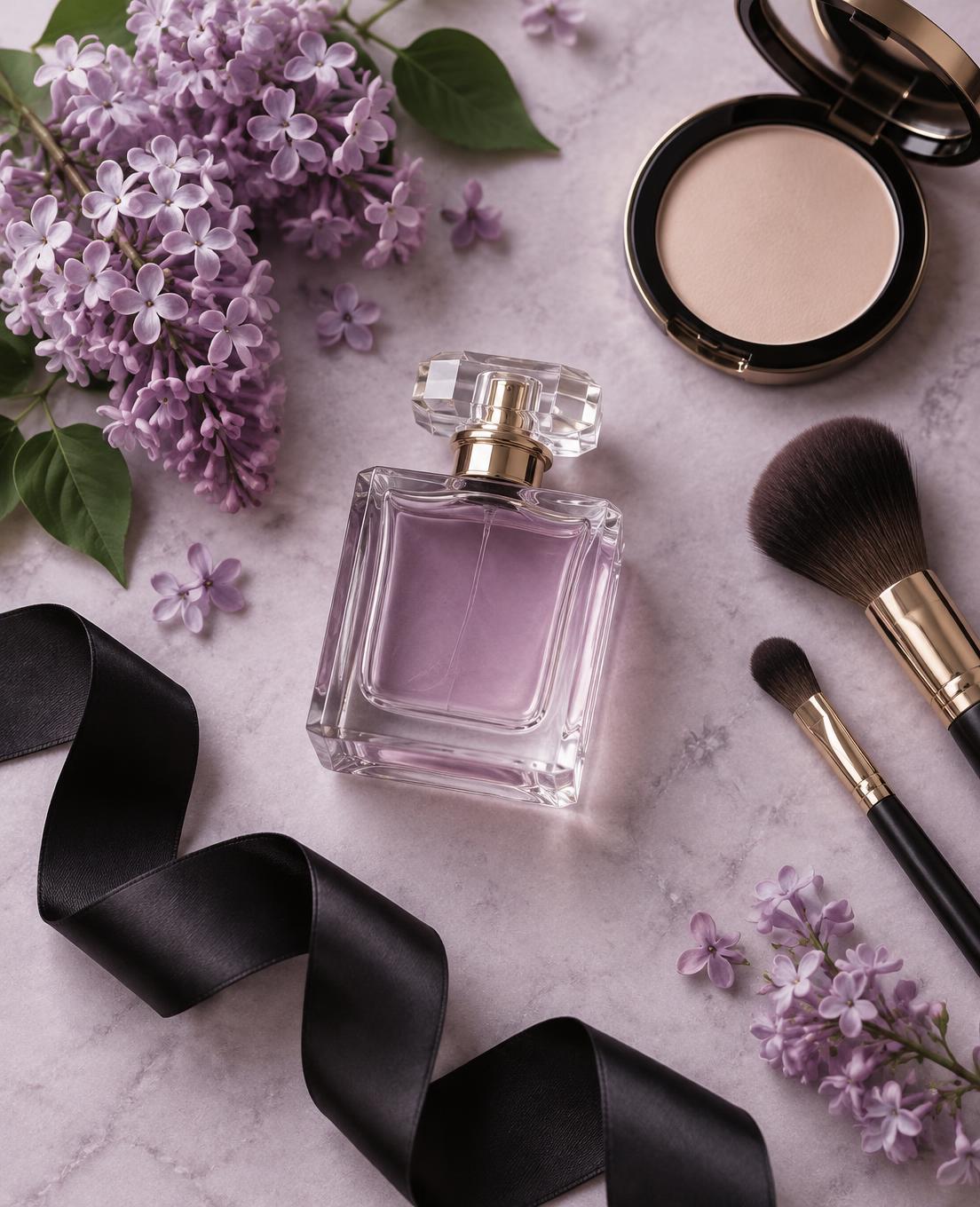 Perfume e itens de beleza com flores lilás